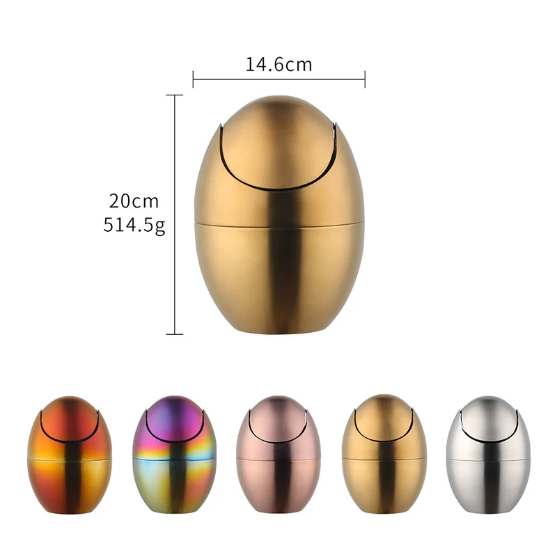 Gold Mini Metal Waste Bin Desktop Garbage Basket Egg-shaped stainless steel trash can with removable Swing lid Dustbin Basket