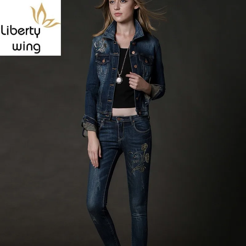 

Casual Suit Korean Fashion Slim Print Floral Denim Trousers Single Breasted Ripped Jeans Jackets Women Two Piece Set