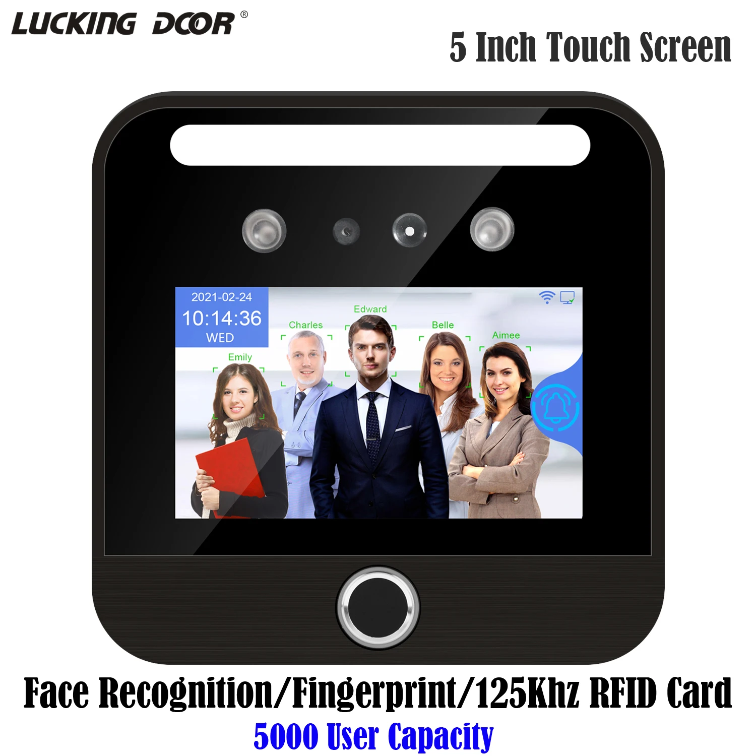 5 inch Touch Screen Dynamic Facial Access Control Fingerprint Time Attendance IR Face Recognition 125Khz RFID Keypad TCP/IP