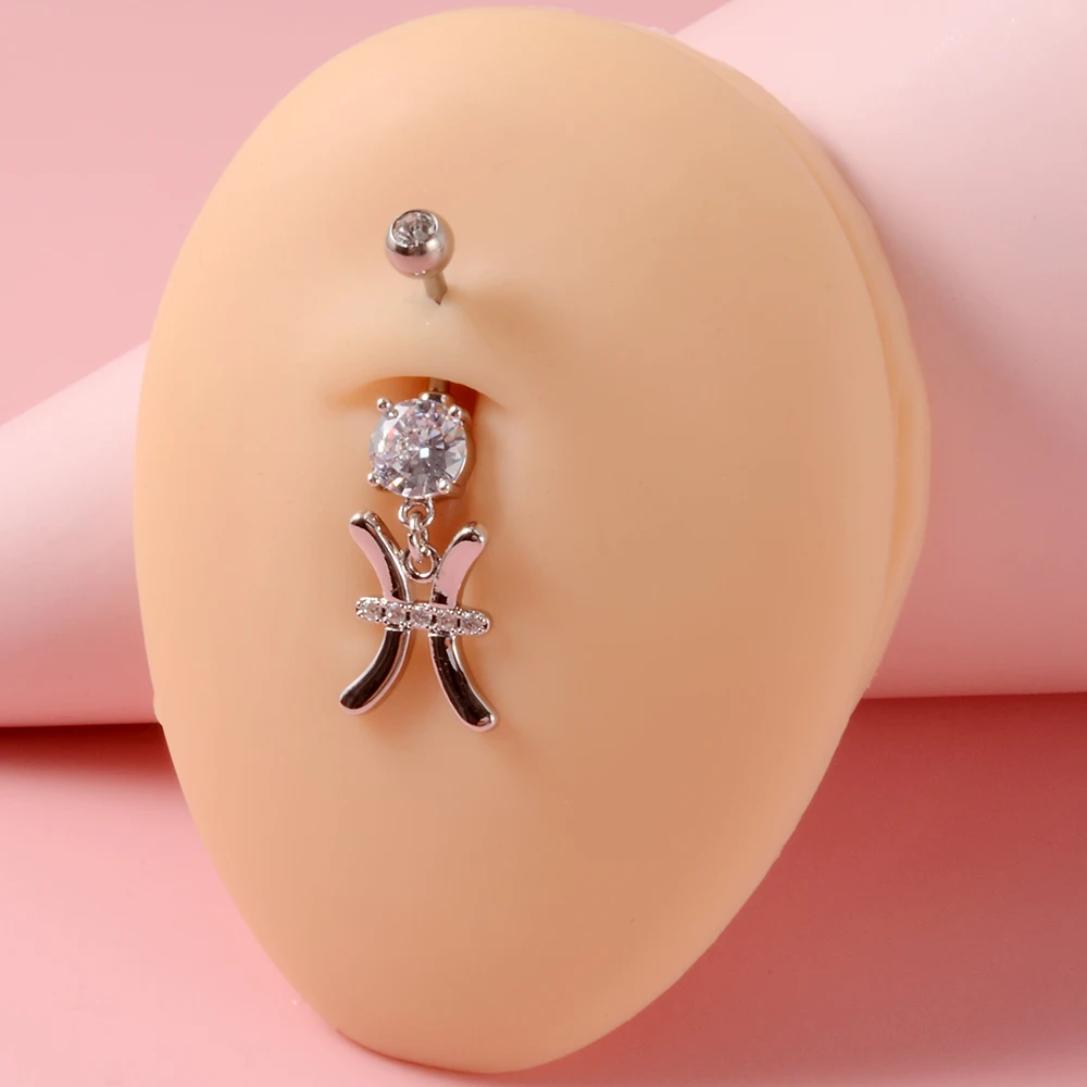 1PC Sexy Belly Button Rings 12 Birth Sign Constellation CZ Zircon Drop Navel Barbell Piercing Body Jewelry For Women Girls