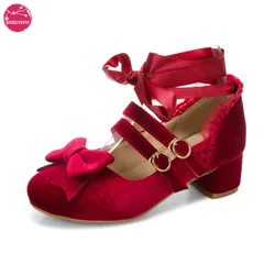 Frau Med Ferse Lolita Schuhe Flock PU Leder Nette Bogen Mary Jane Pumps Braut Hochzeit Cosplay Partei, Rot, Rosa schwarz Größe 34-43