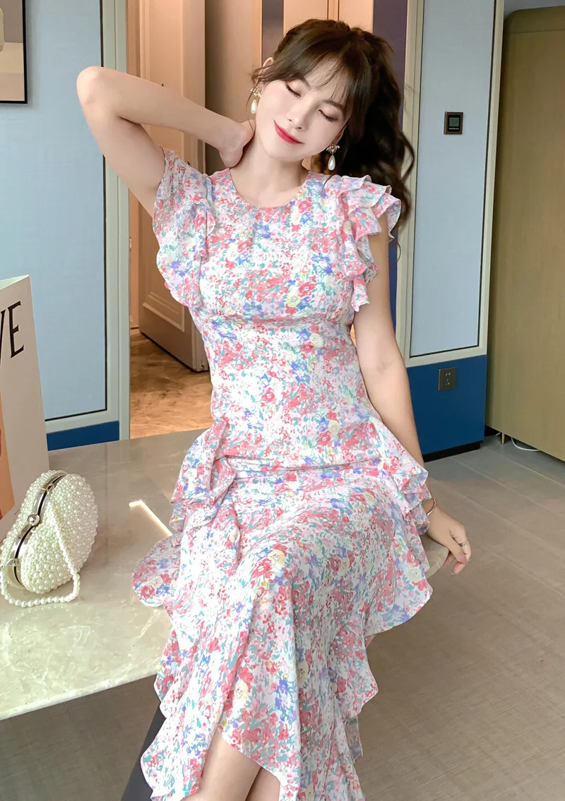 Floral 2020 summer new European style chiffon fishtail ruffled dress Office Lady  Polyester  Sleeveless