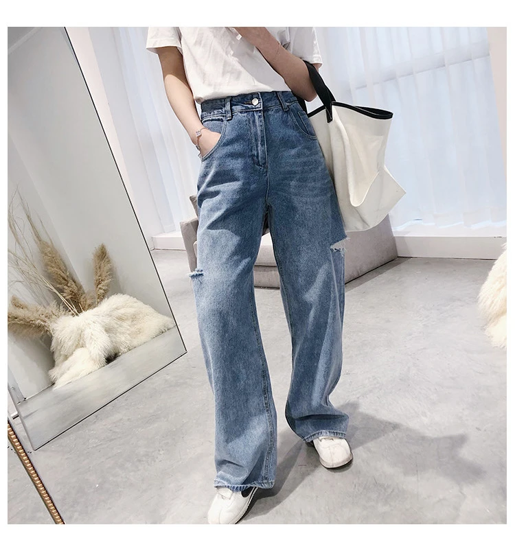 2020 Autumn And Winter New  Fashion Retro Solid Color Hole Loose Temperament Wide Leg Jeans Women D214