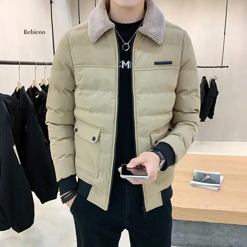 Outono inverno lapela lã jaqueta masculina moda masculina cor sólida jaqueta de algodão fino inverno quente jaqueta casual topo