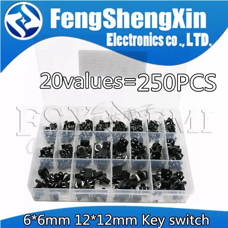 

20values=250pcs 6x6 12x12 DIP Micro Switch Assorted Push Button Tact Switches 6*6mm 12*12mm Button Touch Switch Diy Kit