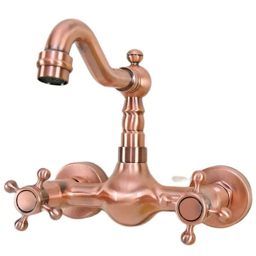 

Wall Mount Antique Red Copper Brass Kitchen Bathroom Sink Faucet Swivel Spout Hot Cold Mixer Water Tap 2nf946