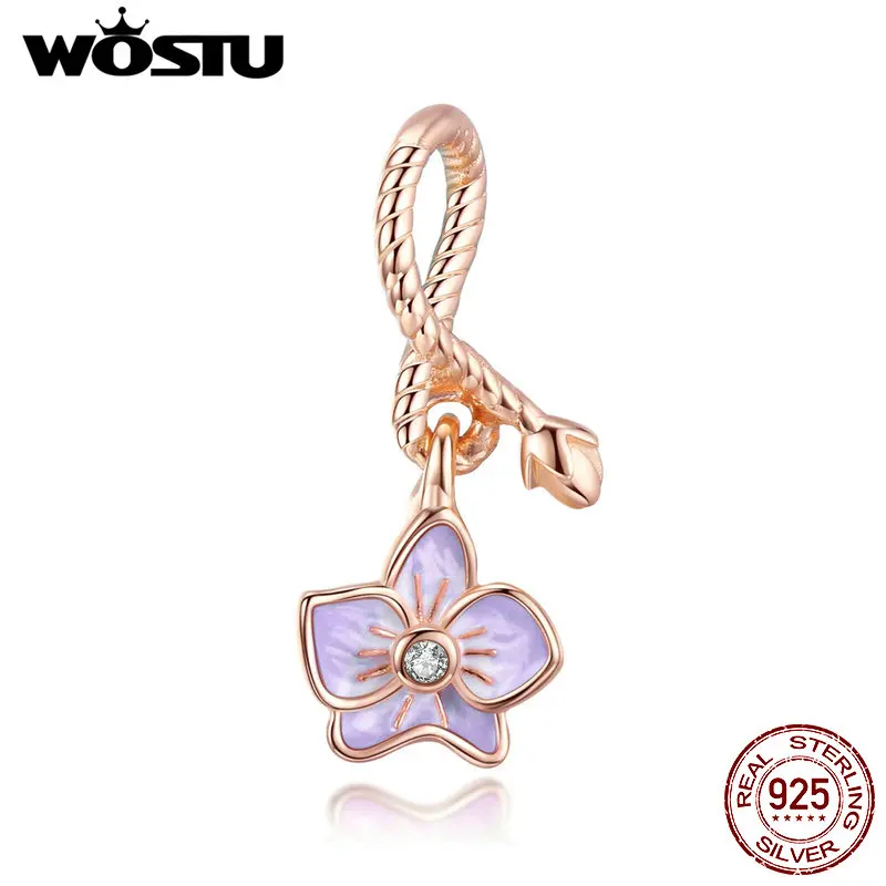 WOSTU Genuine 925 Sterling Silver Purple Phalaenopsis Flower Charm Beads fit Original DIY Bracelet Jewelry Making Gift CTC287