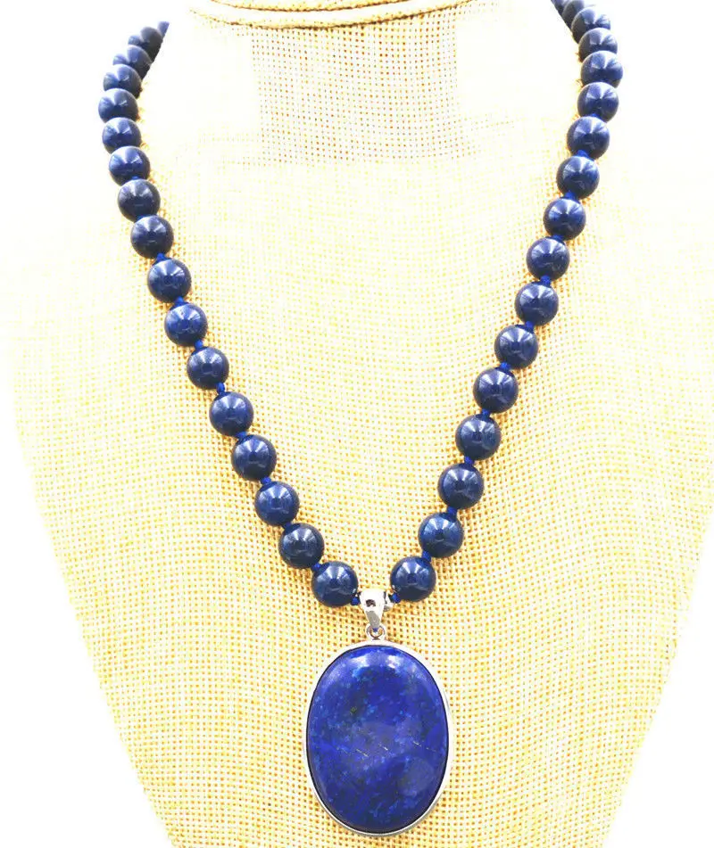 

Beautiful 10MM blue Lapis Lazuli Beads & 30x40mm Pendant Necklace 18 " WW