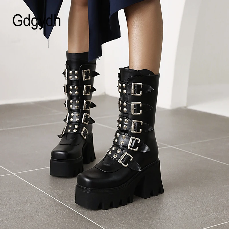 Gdgydh Autumn Winter Gothic Punk Womens Platform Boots Black Blet Buckle Strap Creepers Platform Shoes With Zipper Military Boot