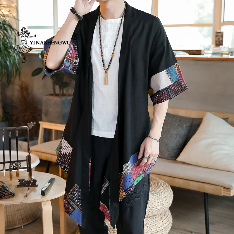 

Yukata Male Long Japanese Kimono Cardigan Men Haori Samurai Costume Kimono Jacket Mens Kimono Print Shirt Long Coat Asian Clothe