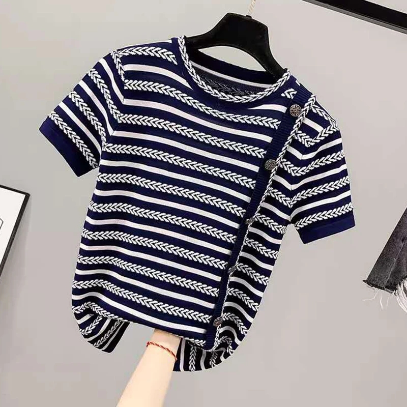 Summer Women Sweater Thin Striped Sweaters Fashion O-Neck Short Sleeve Elasticity Women Clothes Loose Knitted Button Top Femme