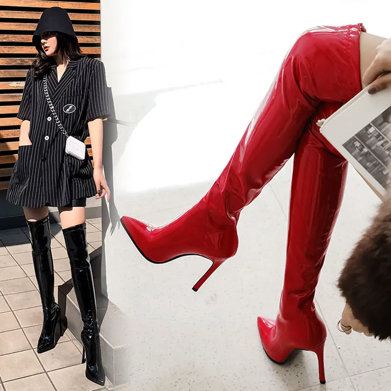 Sgesvier Over knee boots women\'s boots shiny patent leather boots sexy thigh boots high heels jazz dance pointed toe thin heels