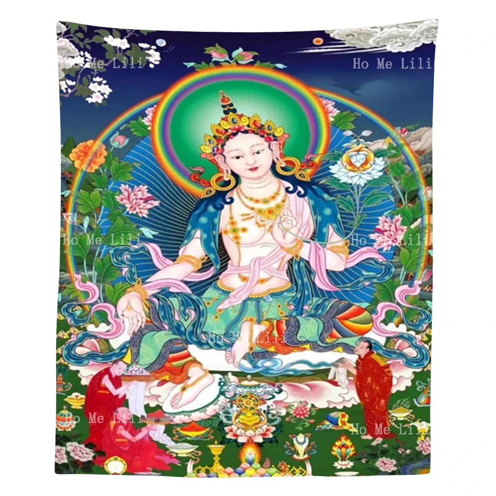 Religions Hinduism Art Buddha Green Tara Thangka Sit On The Lotus And Moon Wheel Goddess Durga On Tiger By Ho Me Lili Tapestry