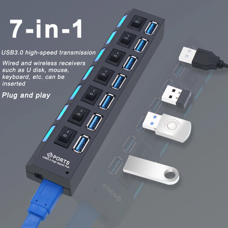 3.0 USB Hub Multi USB Splitter USB Multi Hub USB 3 Hub Gebruik voedingsadapter 4/7 Port 2.0 USB-Anschluss mit Schalter Computerzubehör