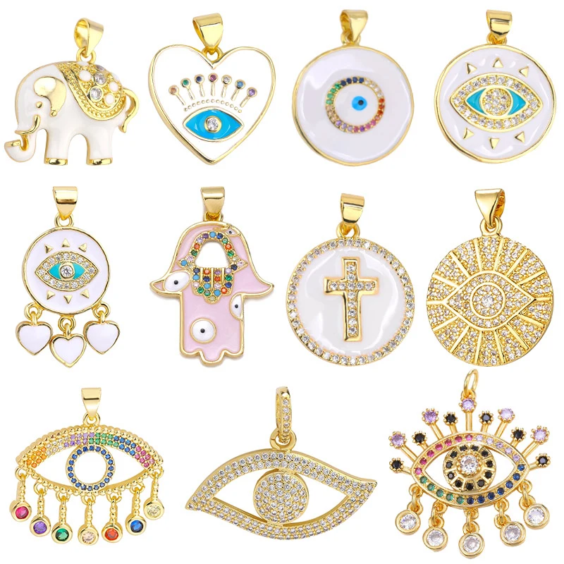 Juya-Breloques en Forme d'Éléphant, Hamsa, Croix de Fatima, Mauvais Œil Grec, Micro Pavé, Pendentif Turc, Collier, DIY
