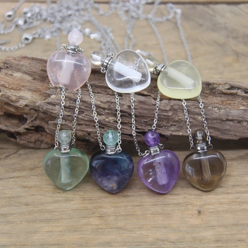 Heart Shaped Crystal Essential Oil Vial Pendants Silvery Chains Necklaces Quartz Fluorite Perfume Bottle Charms Jewelry QC1021