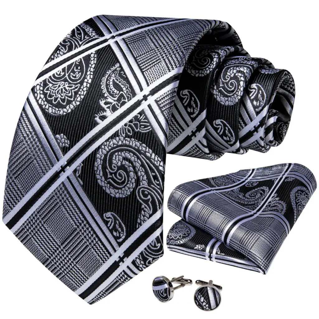 Fashion Black Silver Plaid Floral Paisley 100% Silk Men Ties 8cm Business Wedding Necktie Pocket Square Mens Gift Cravat DiBanGu