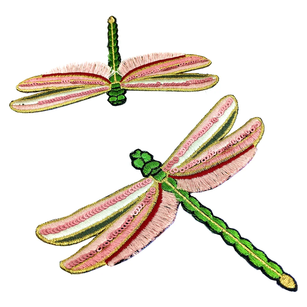 10pc Pink 3D Dragonfly Embroidery Patch Sequin Beaded Patches For Clothing Applique Clothes Parches Bordados Ropa Sew On AC1516