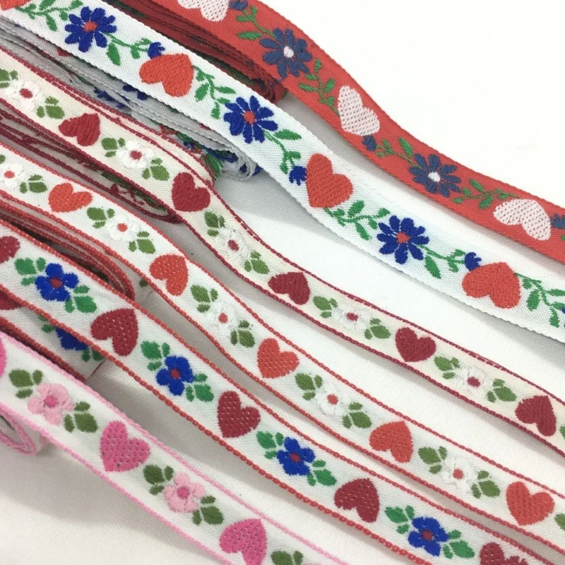 1- 2cm 2Y Embroidery Jacquard  Heart Floral Ribbon For Handmade DIY Textile Craft Bows Scrapbook Easter Wedding Christmas Deco