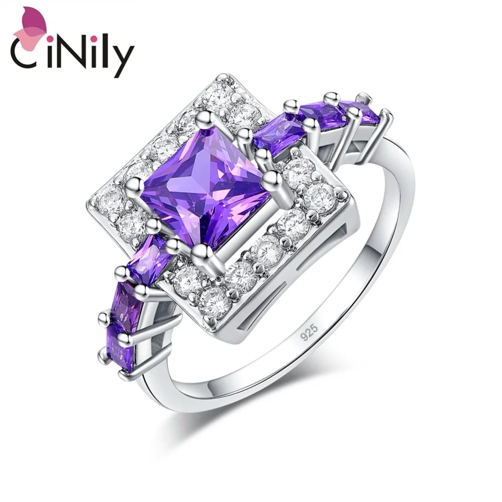 CiNily Luxury Full Crystal Stone Princess Ring Silver Plated Cut Zircon Purple Violet Square Engagement Jewelry for Women Gifts