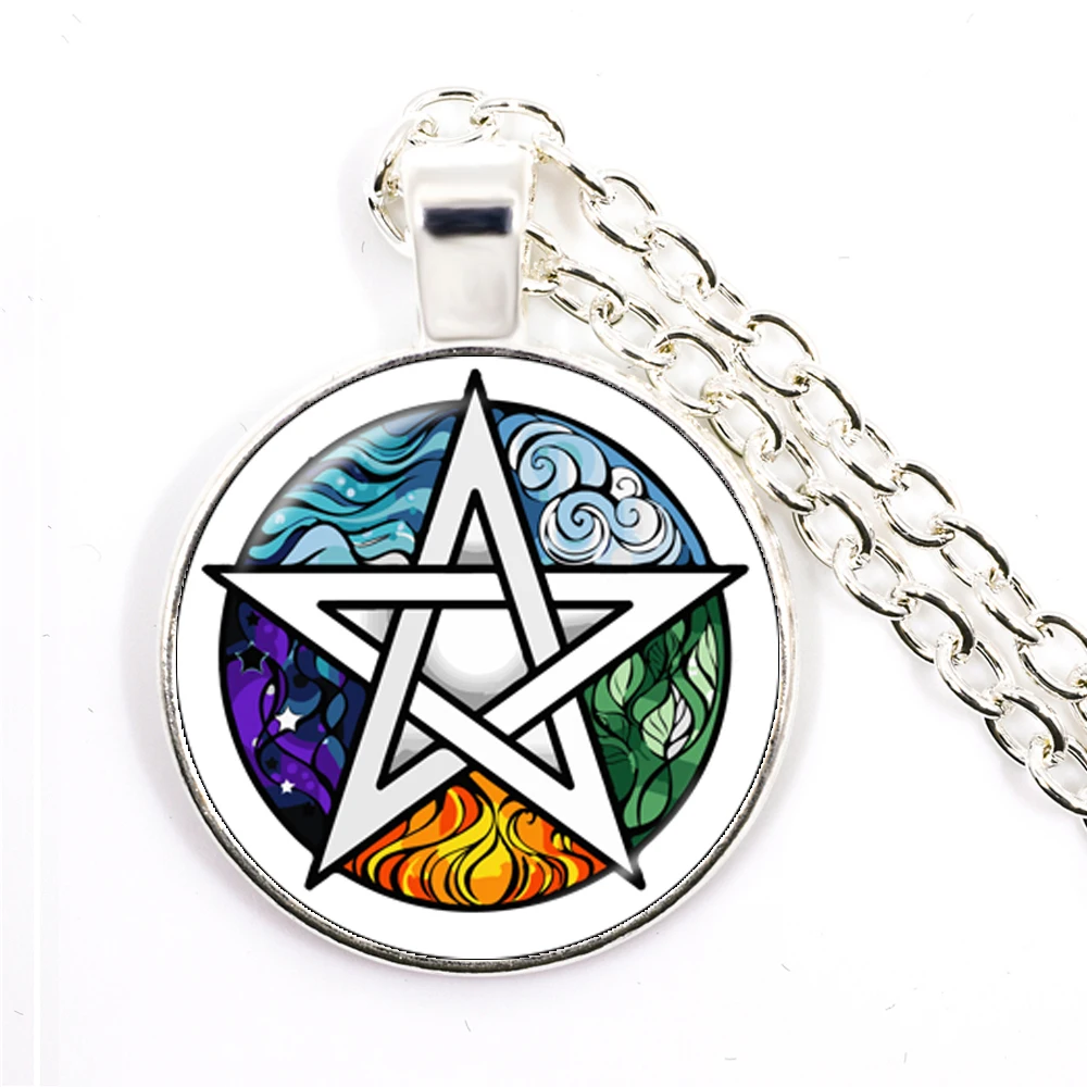 New Pagan Wheel Of The Year Necklaces Pentagram Pendant Round Photo Wiccan Jewelry 25mm Glass Cabochon Sweater Chain Gift