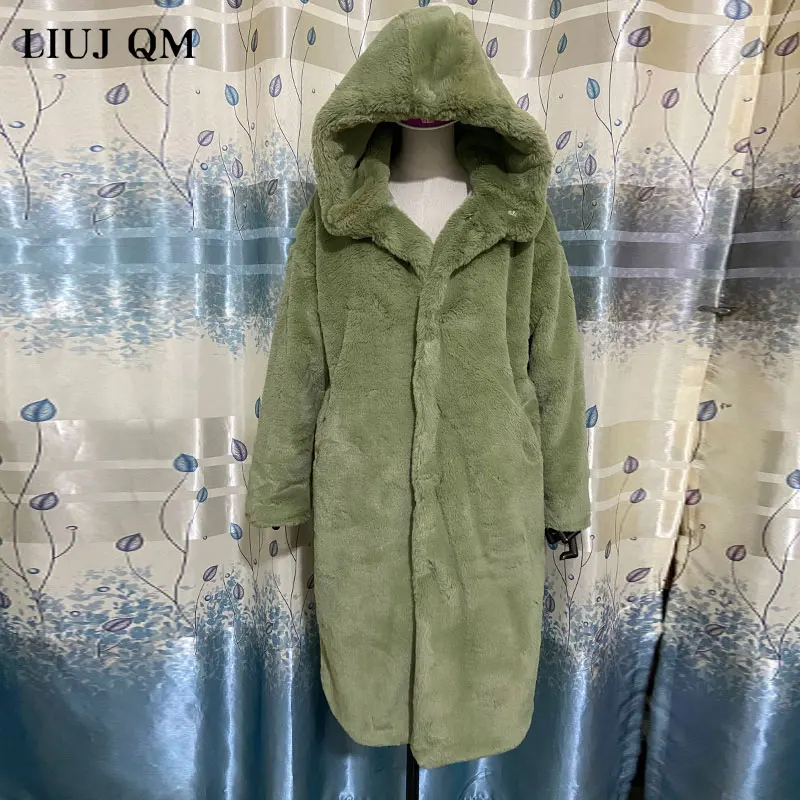 Abrigo de piel sintética con capucha para mujer, Parka larga de gran tamaño, abrigo grueso y cálido, chaquetas sueltas de invierno