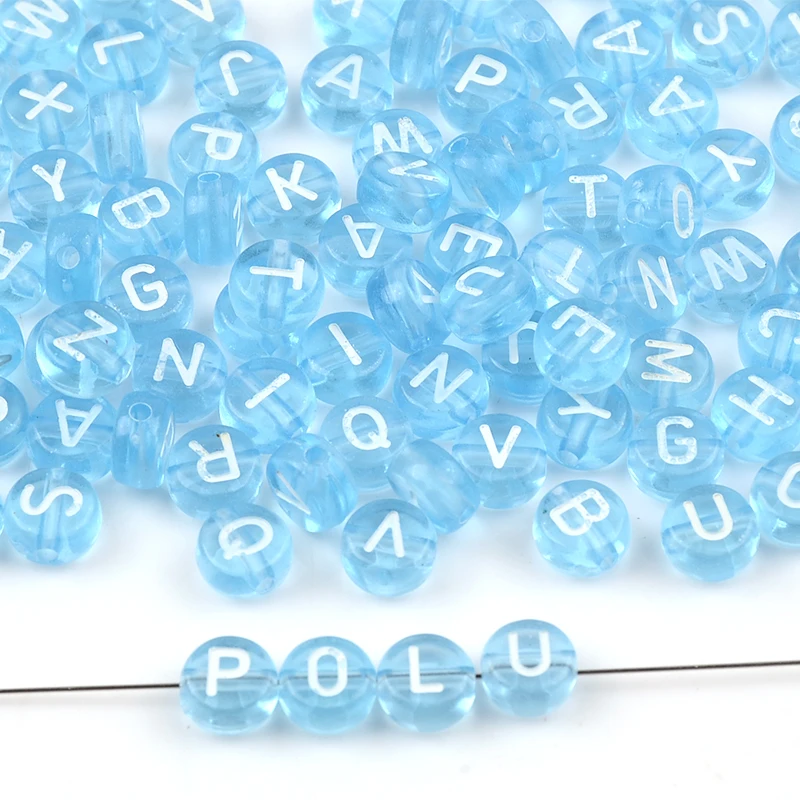 7mm Fluorescent Sky Blue Mixed Letter Acrylic Beads Flat Round Spacer Alphabet Beads For Jewelry Making Handmade Diy Bracelet