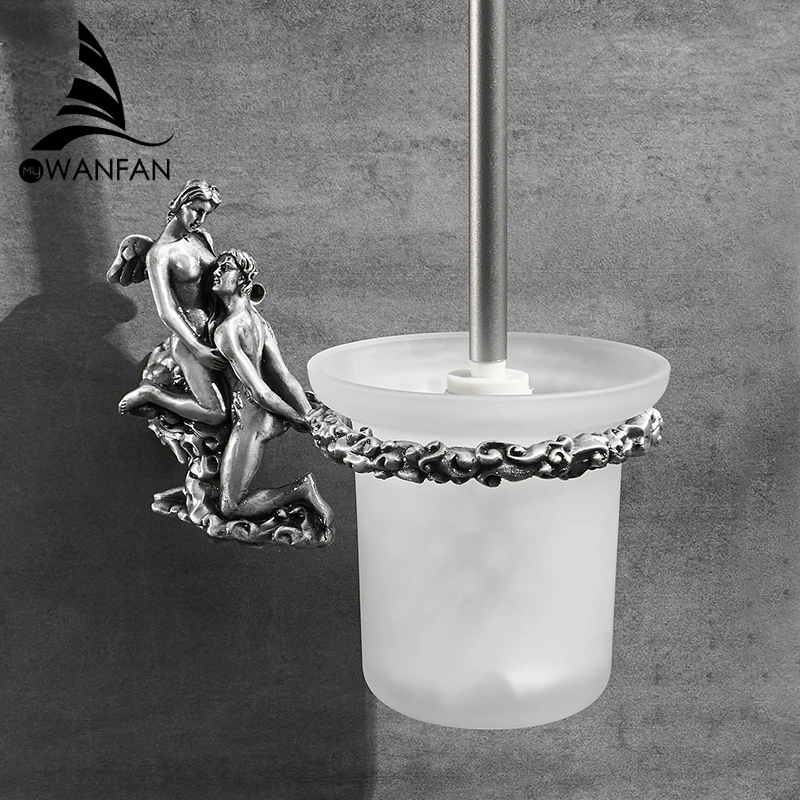 Romantic Toilet Brush Holder, Gold/Silver Toilet Bowl Brush Set with Glass Cup Brass Handel Replaceable Brush Head MB-0811B view 3