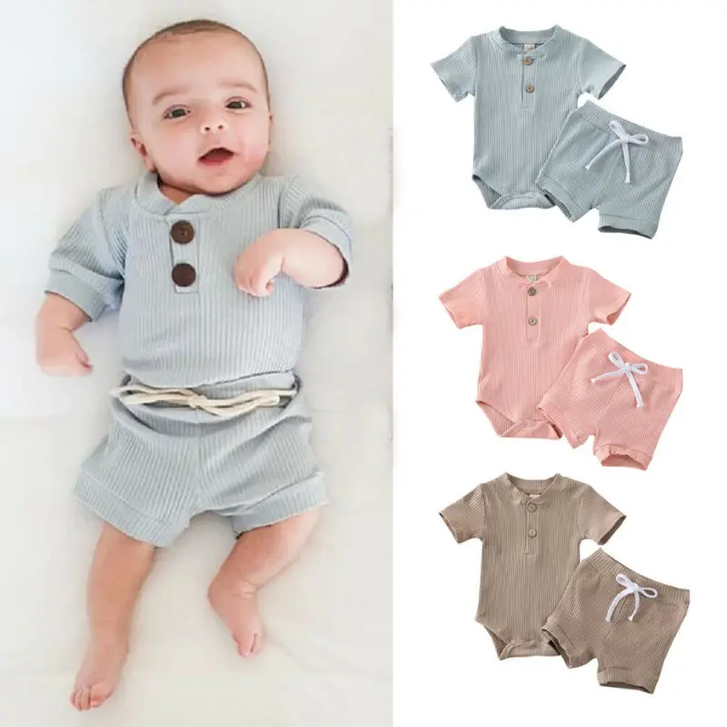 

Newborn Kid Baby Boy Girl Casual Solid Clothes Romper Bodysuit Shorts Outfits Summer Set 0-24M