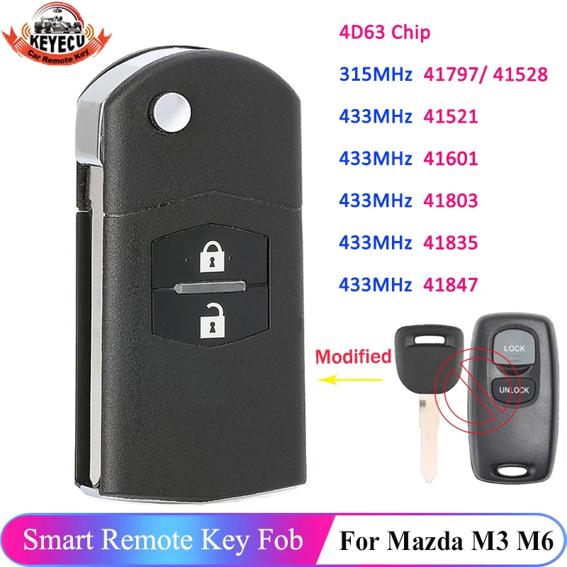 KEYECU Flip 2 Buttons Remote Key 315MHz 433MHz 4D63 For Mazda 626 RX8 2 3 6 323 41521 41601 41803 41835 41847 41797 41528 41781