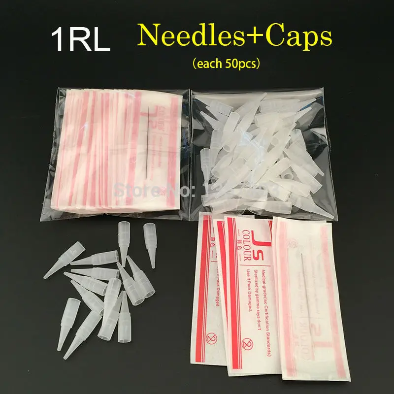 1R (needles + tips each 50pcs) Professional Permanent Makeup Needles With Tips Caps 0.35MM Disposable Detailed Tattoo Drawing To