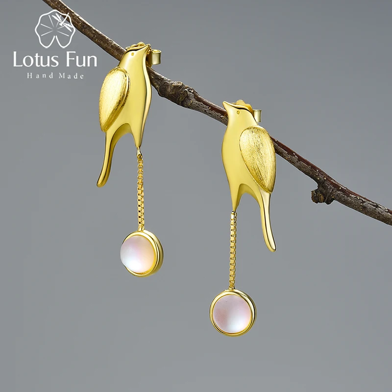 

Lotus Fun 18K Gold Moon and Bird Tassel Dangle Earrings For Women Gift Real 925 Sterling Silver Artificial Moonstone Jewelry