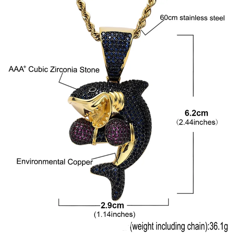 Rhinestone Men Necklace Ice Out Cubic Zircon Hip Hop Animals Shark Pendant Gold Silver ColorCharm Chain  Jewelry