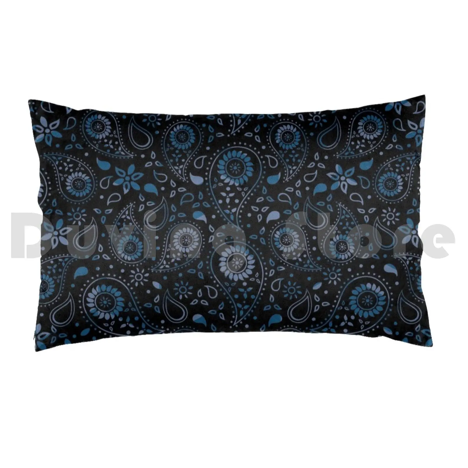 Pillow Case Beautiful Paisley Floral Pattern-Shades Of Blue On Black 1505 Floral Paisley