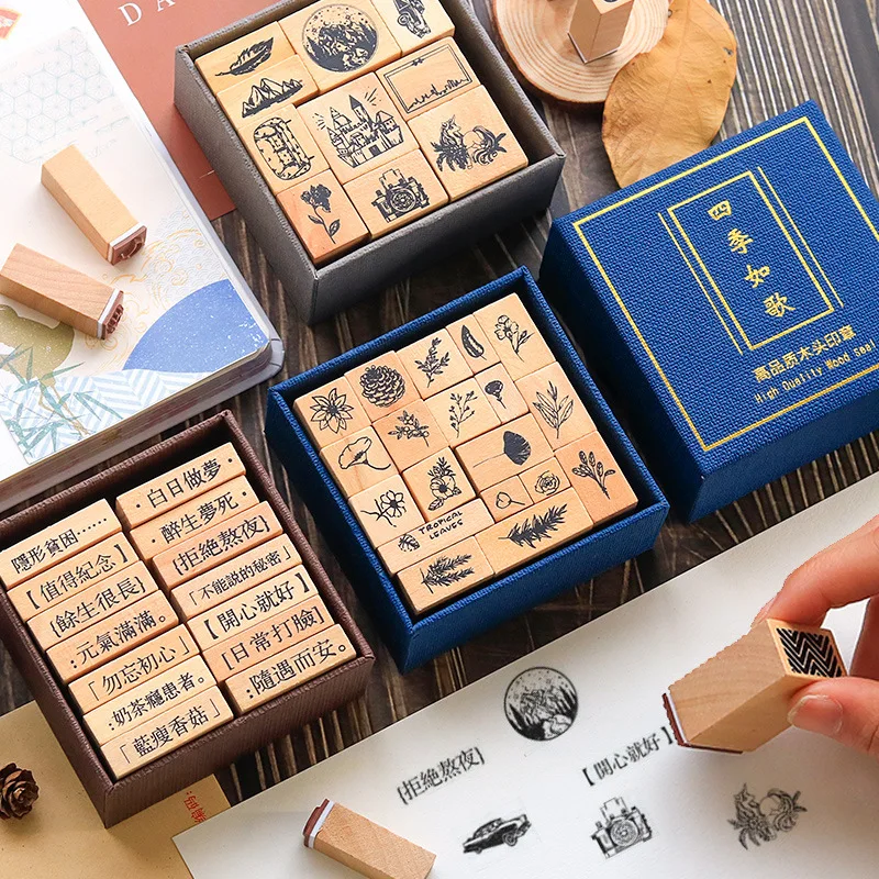 Literary Retro Wooden Seal Set Hand Account Diy Material  Flowers and Plants Personalized Text Gift Box Geometric English