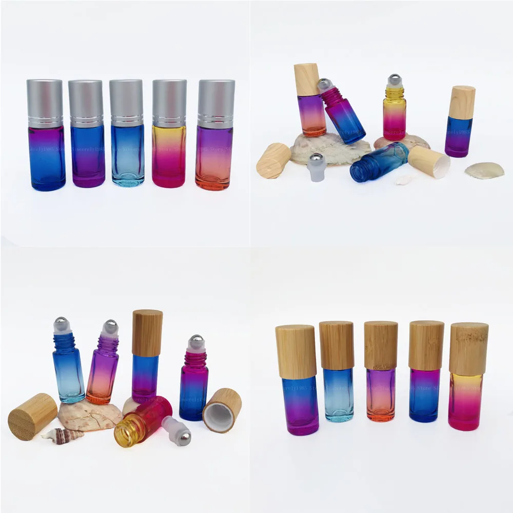 

50PCS 5ML Gradient Color Glass Essential Oil Roller Bottle Perfume Metal Roller Ball with Bamboo Cap, Wood Grain Cap, Silver Cap