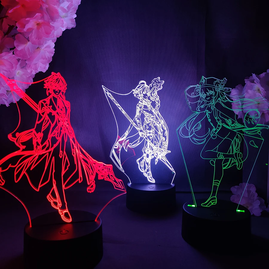 

Video Game Genshin Impact Figurines Acrylic 3D Hologram Night Lamp Cool Gamers Birthday Gift Must Have Table LED Sensor Lights