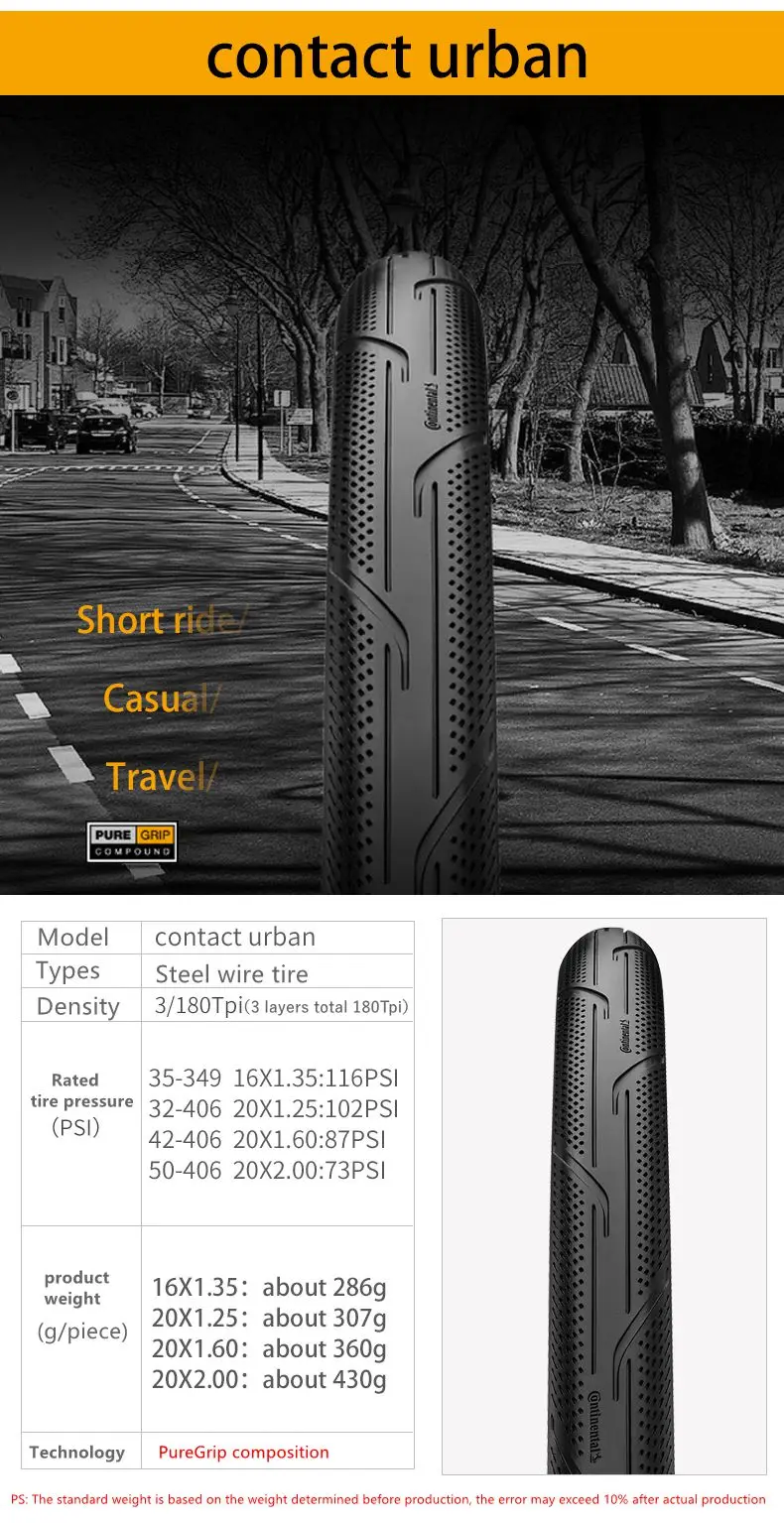 Continental Contact Urban 16 Zoll / 20 Zoll 3/180Tpi Pannensicherer Stahldrahtreifen für BMX-Faltrad mit Reflexstreifen – Detail 4