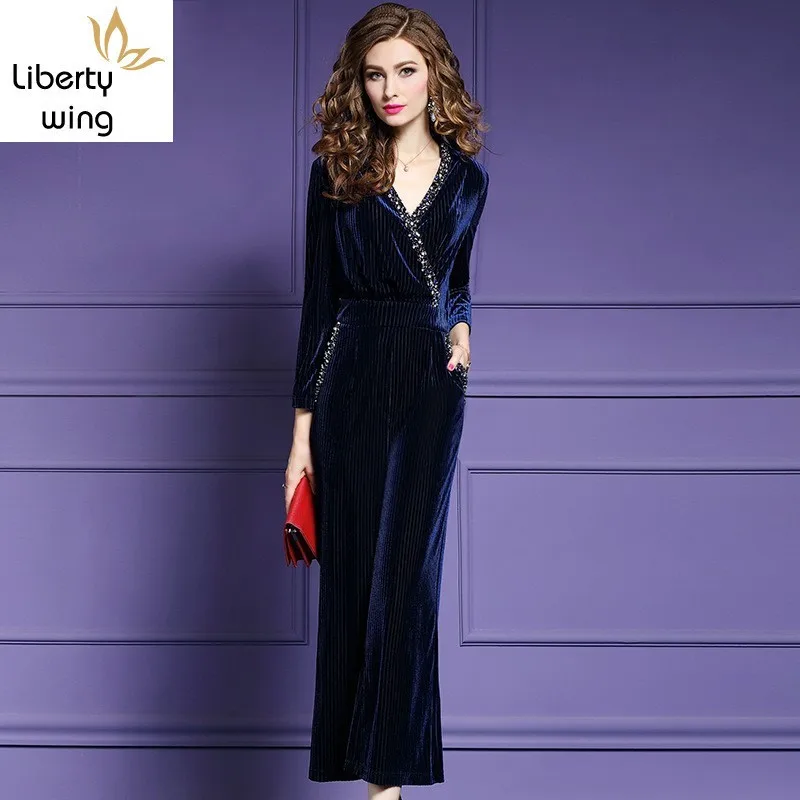 Solid Long Sleeve Jumpsuits Female Autumn OL Clothes Office Sexy V-Neck Beaded Chic Women Jumpsuit Elegant Wide Leg Trousers 3XL