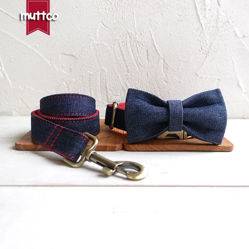 MUTTCO retailing self-designed handmade collar THE RED JEAN mazarine and red dog collar and leash with bow tie 5 sizes UDC038T