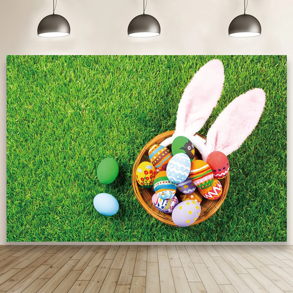 

Green Lawn Easter Photo Backdrop Eggs Basket Baby Children Portrait Interior Photography Background Family Photocall Studio Prop