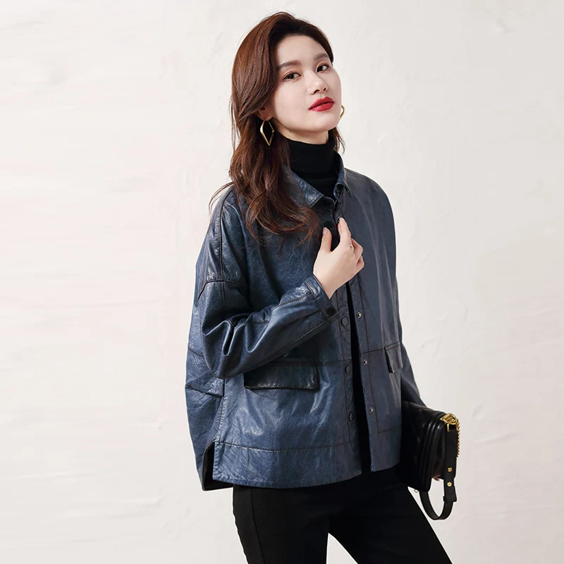 Retro Lady Square Collar Real Leather Jackets Office Sheepskin Loose Fit Jacket Streetwear Single Breasted Outerwear Female