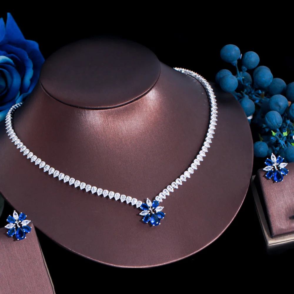 CWWZircons Glänzendes Gelbes CZ Damen Party Verlobungs- und Hochzeitsschmuckset mit Blumen-Halskette und Ohrringen, Brautjungfern-Geschenk, Großhandel T0792 – Detail 7