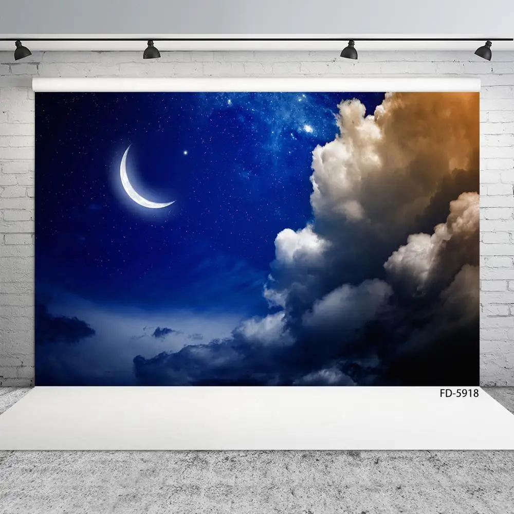 Виниловый тканевый фон для детской фотосъемки с изображением звездной ночи Луны темных облаков