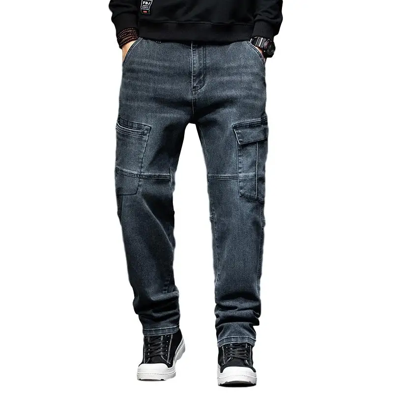 Idopy Men`s Cargo Jeans Fashion Multi Pockets Work Blue Loose Fit Denim Pants For Male Plus Size