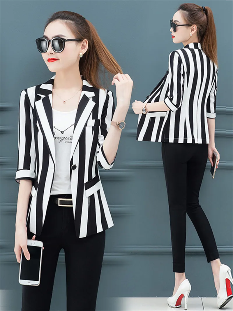 2022 Fashion Striped Office Lady Suit Jacket Korean Spring Summer Slim Short Blazers Coats for Women Clothing Outerwear b298