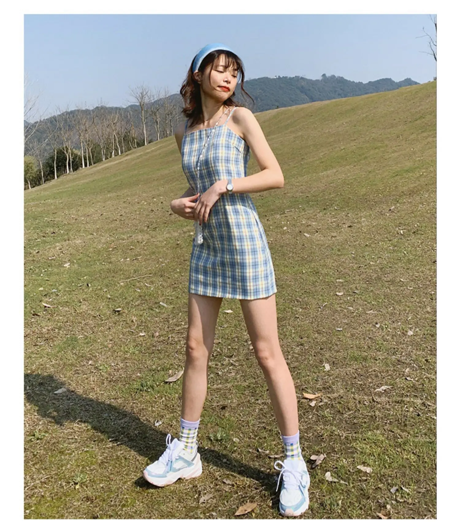 Summer Vintage Plaid Strap Slim Dress Women Sexy Sweet Sleeveless Mini Dress Preppy Suspender Boho Beach Holiday Base Dresses