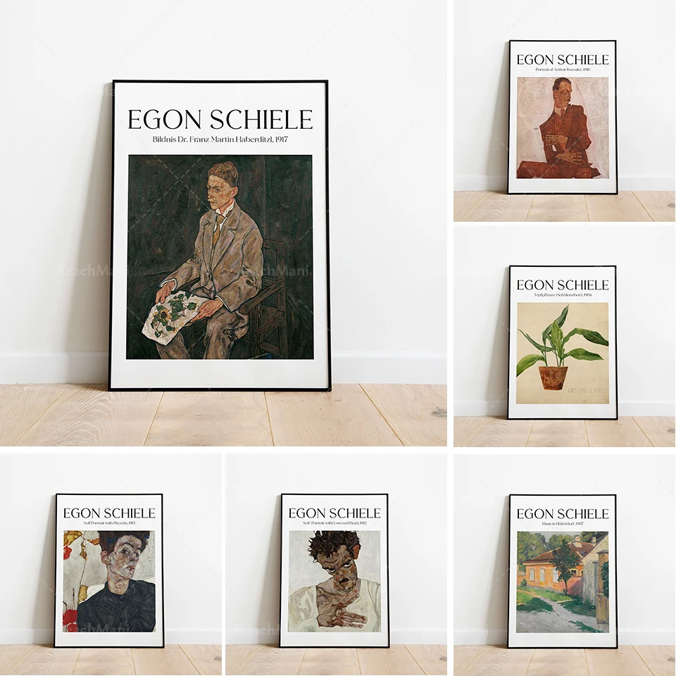 Egon Schiele - Auto-retrato com cabeça inclinada, auto-retrato com physalis, retrato do Dr. Hugo Kohler, pôster decorativo
