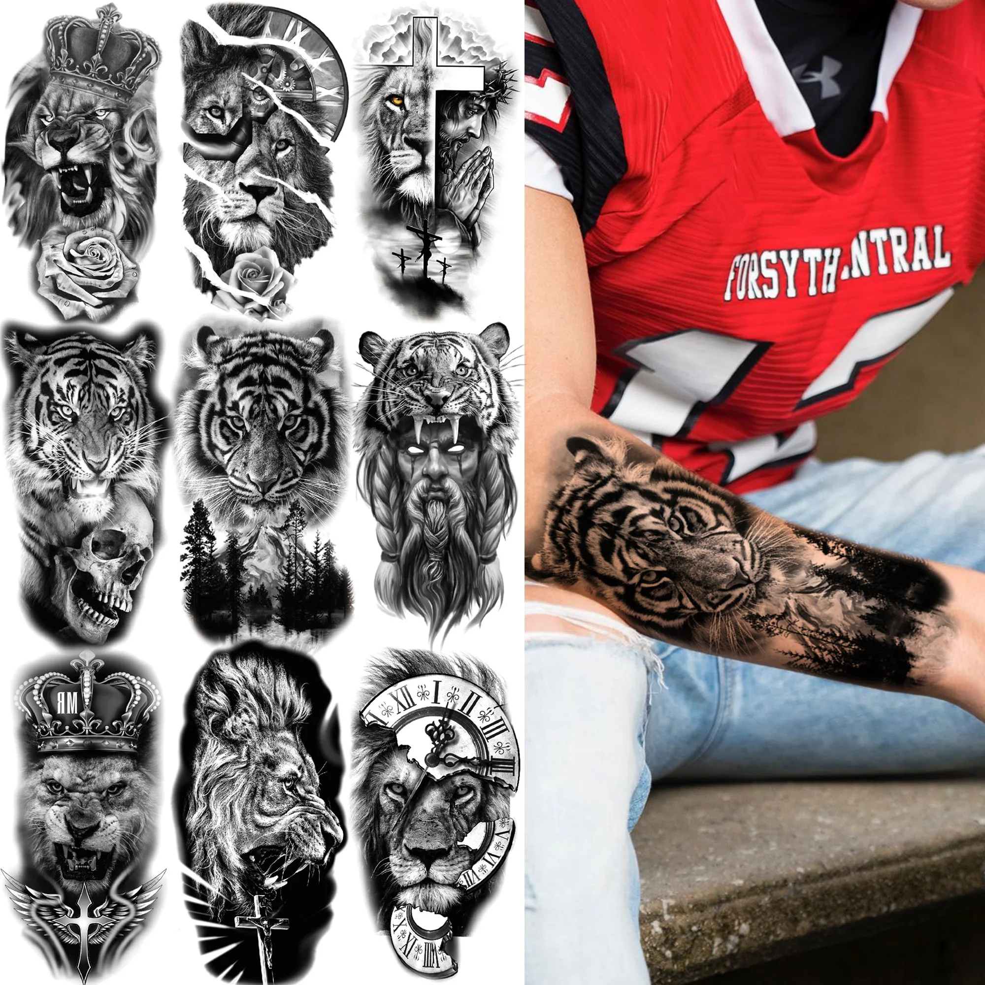 Forest Tiger Temporary Tattoos For Men Women Kids Lion Skull Cross Tattoo Sticker Black Compass Skeleton Tatoos Leg Thigh