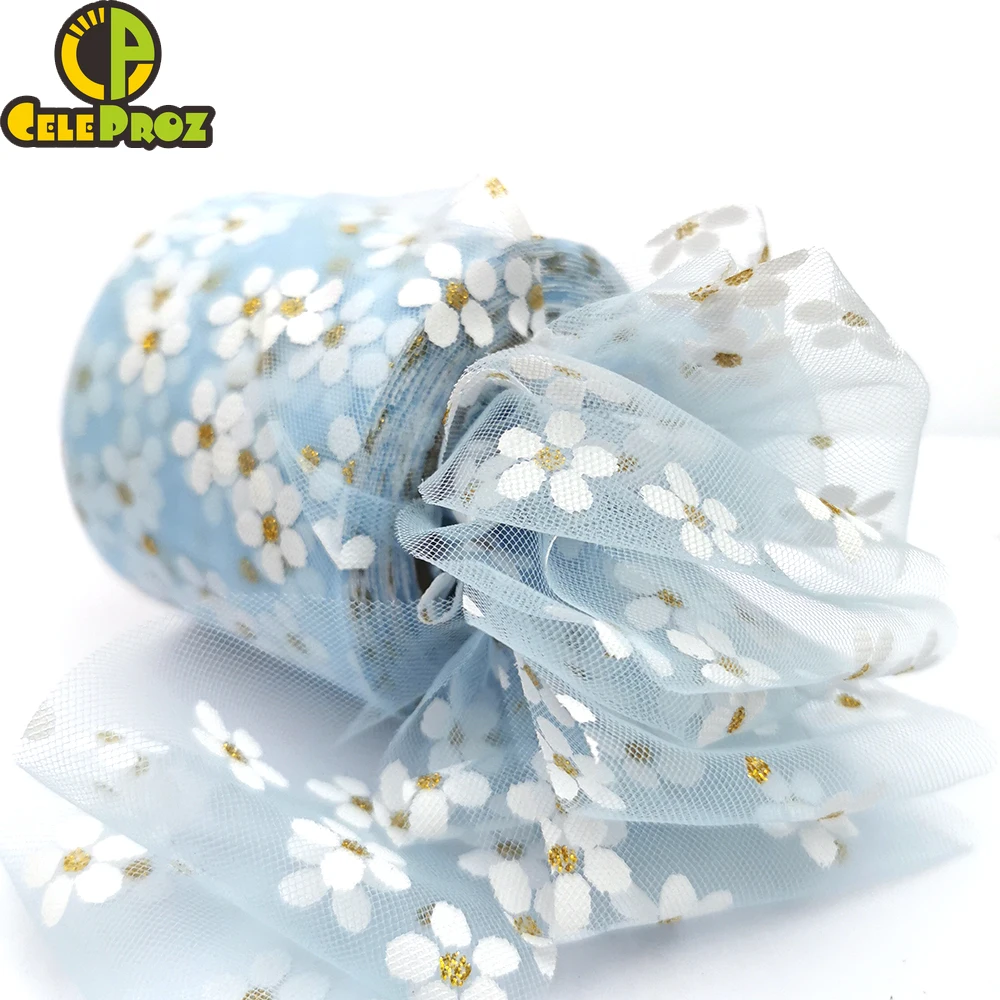 6cm 25Yards Floret Tulle Daisy Ribbon Roll DIY Handmade Craft Hair Ornament Baking Cherry Blossoms Printed Mesh Fabric Supplies